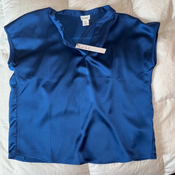 Nicole Miller New York Satin Sapphire Blouse Women's Luxe Top - Size L NWT - Picture 3 of 6